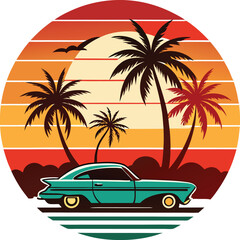 Retro Sunset Beach Palm Trees with Car Silhouette Vector