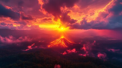 The volcano erupts with fiery lava flowing down the slopes creating a striking contrast with the warm sunset and smoke