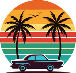 Retro Sunset Beach Palm Trees with Car Silhouette Vector