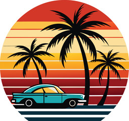Retro Sunset Beach Palm Trees with Car Silhouette Vector