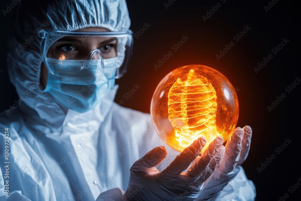 Poster scientist unlocking the secrets of an ancient sphere with intricate patterns and glowing energy
