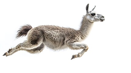 Fototapeta premium Captivating photograph of a llama leaping through the air with a fish in its mouth, highlighting unusual wildlife behavior