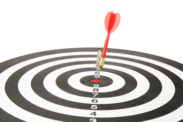 Dart board with red arrow on white background