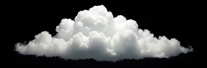 Fluffy white cumulus cloud isolated on pure black , wispy, texture, light