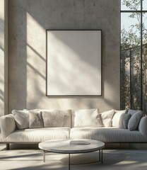 Modern minimalist living room with blank canvas. Sunlight streams through large windows.