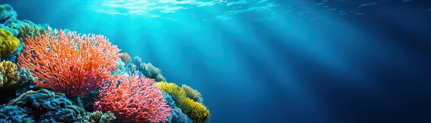 Fototapeta na wymiar Surreal Underwater World Filled with Vibrant Corals and Gentle Sunlight Rays