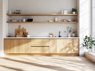 Modern wooden kitchen design with open shelving and sunlight