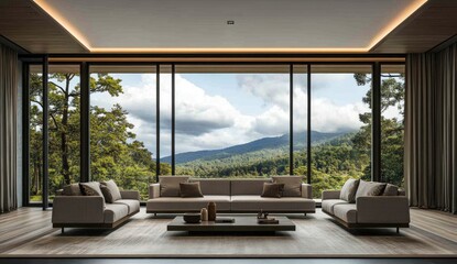 Modern living room with large windows overlooking a lush forest and mountains. Light beige sectional sofa, coffee table, and hardwood floors. Minimalist design with clean lines.