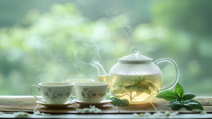 Cozy Herbal Tea Set in Inviting Nook with Steam and Greenery