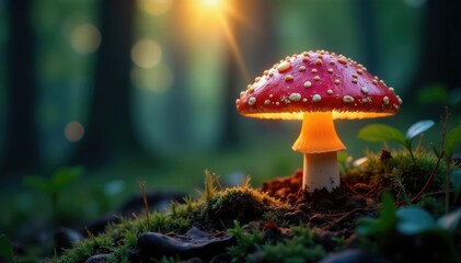 Shining light emanates from a glowing mushroom in the forest, woodland, illumination, glow
