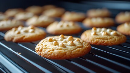 A close-up of cookies baking in an oven with golden brown color and delicious aroma filling the kitchen air