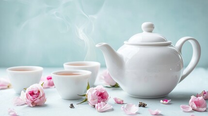 Fototapeta premium Bright and Airy Herbal Tea Set with Fresh Blossoms and Steam