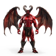Muscular Red Demon with Horns and Wings in Dramatic Pose
