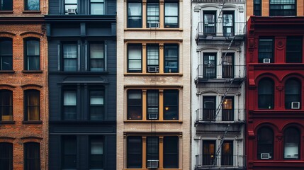 Fototapeta premium A row of buildings with a mix of colors and styles. The buildings are tall and have many windows
