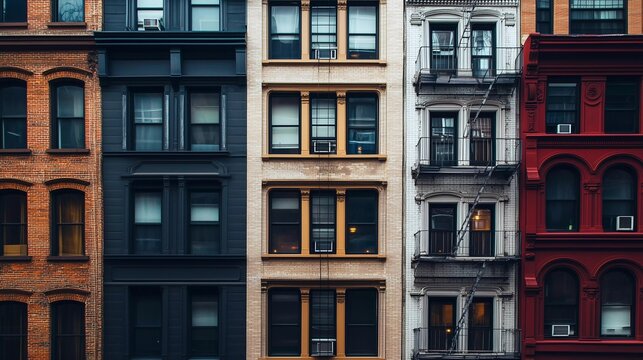 A row of buildings with a mix of colors and styles. The buildings are tall and have many windows - Powered by Adobe