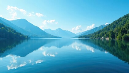 Fototapeta premium Serene blue lake, tranquil surface reflecting sky, scene, pond, relaxing