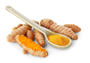 Turmeric powder in spoon and roots isolated on white