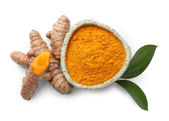 Turmeric powder in bowl, roots and green leaves isolated on white, top view