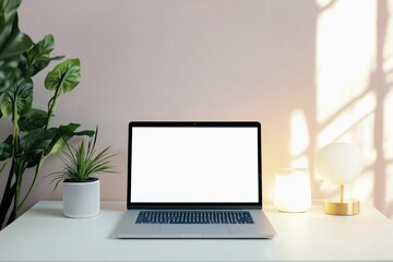 Blank laptop screen on white table with soft lighting in room
