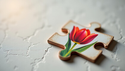 Close-up of a puzzle piece featuring a red tulip on a neutral background, symbolizing awareness for Parkinson's disease copy space