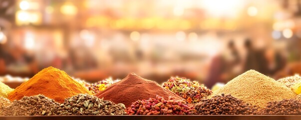 Piles of colorful spices and herbs are displayed at market