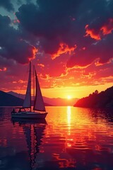 Fiery sunset paints Lake Superior, sailboat silhouetted , boat, lake superior, serene
