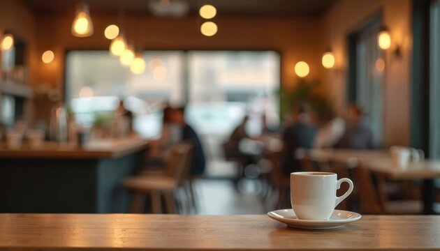 Close-up of coffee cup on wooden table in cafe. Blurred background with people. Warm light bokeh. Modern coffee shop interior, relax atmosphere. Fresh beverage. Mockup for product showcase. Cozy - Powered by Adobe