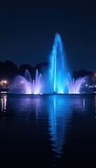 Fototapeta premium Dark water surface with faint fountain light reflection, night, fountains, blue