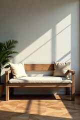 Rustic wooden bench, beige cushion, sunlit concrete wall, parquet floor, fabric, house, design