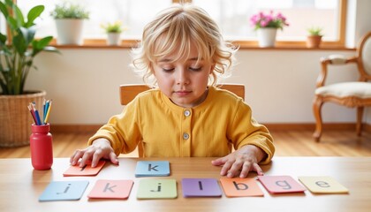 Curious blonde child learning letters with educational flashcards at home