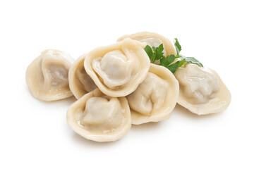Delicious boiled dumplings with fresh parsley isolated on white