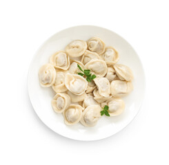 Delicious dumplings with fresh parsley isolated on white, top view