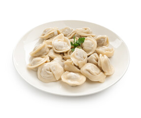 Delicious dumplings with fresh parsley isolated on white