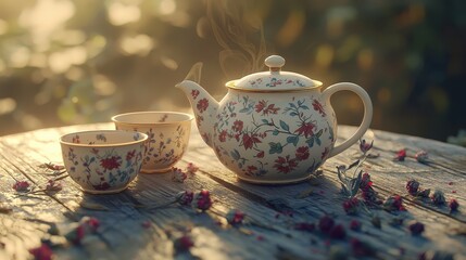 Fototapeta premium Cozy Herbal Tea Set Arranged on Vintage Wooden Table in Soft Light