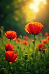 Fototapeta premium Sun-drenched red poppies amidst lush green foliage , bright, nature, daylight