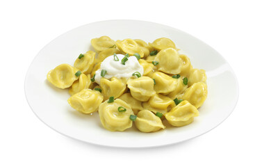 Tasty dumplings with green onion and sour cream isolated on white
