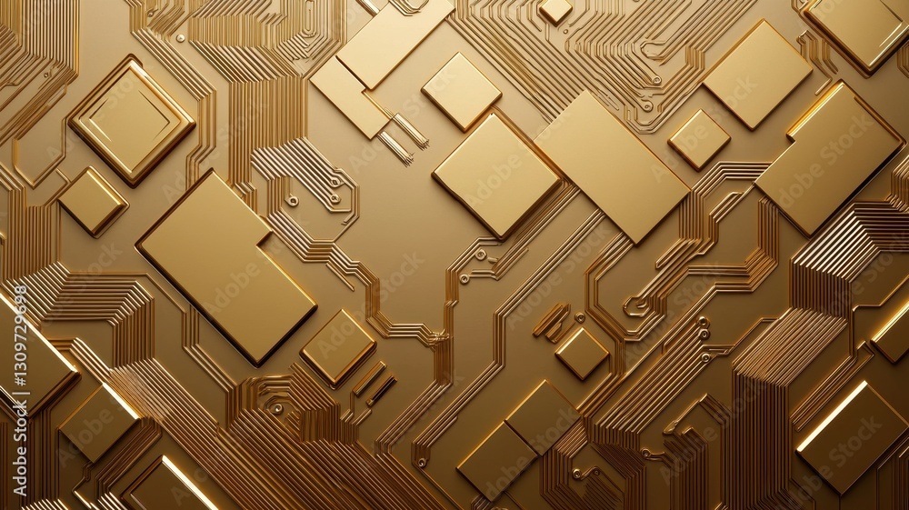 Poster a stylish golden pattern featuring geometric shapes and circuit-like lines, creating a modern and lu