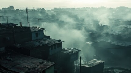 Fototapeta premium Dense Fog and Mist Covering Slum Settlement in the Morning Light