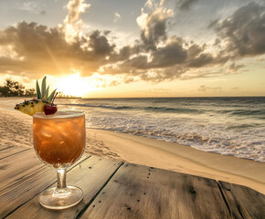 A tropical cocktail with a pineapple wedge and cherry garnish sitting on a wooden table