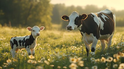 Side view of adorable black and white spotted cow with her cute baby calf grazing together in a lush green field