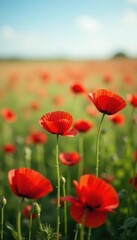Fototapeta premium Field of red poppies swaying gently in breeze, battlefield, remembrance