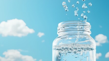 Dreamlike Skincare Essence Pouring from the Sky in a Glass Jar Surrounded by Blue Atmosphere