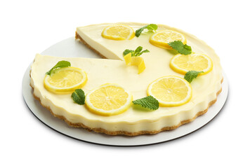 Tasty lemon cheesecake with mint isolated on white