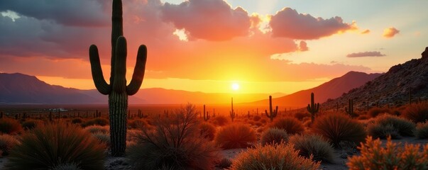 Single saguaro bathed in warm sunset light, long shadows cast, heat, warm, desert