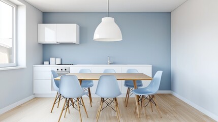 Modern Dining Room with Light Blue Chairs and Bright White Decor