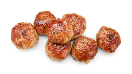 Many delicious roasted patties isolated on white, top view