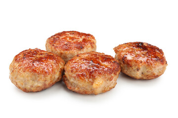Many delicious roasted patties isolated on white
