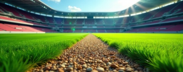 Grainy gravel path cuts across stadium's green expanse, grass, brown