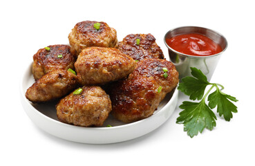 Delicious patties with green onions, parsley and ketchup isolated on white