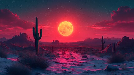 Glowing green cactus casting an eerie light in the desert night beneath a soft pink moon